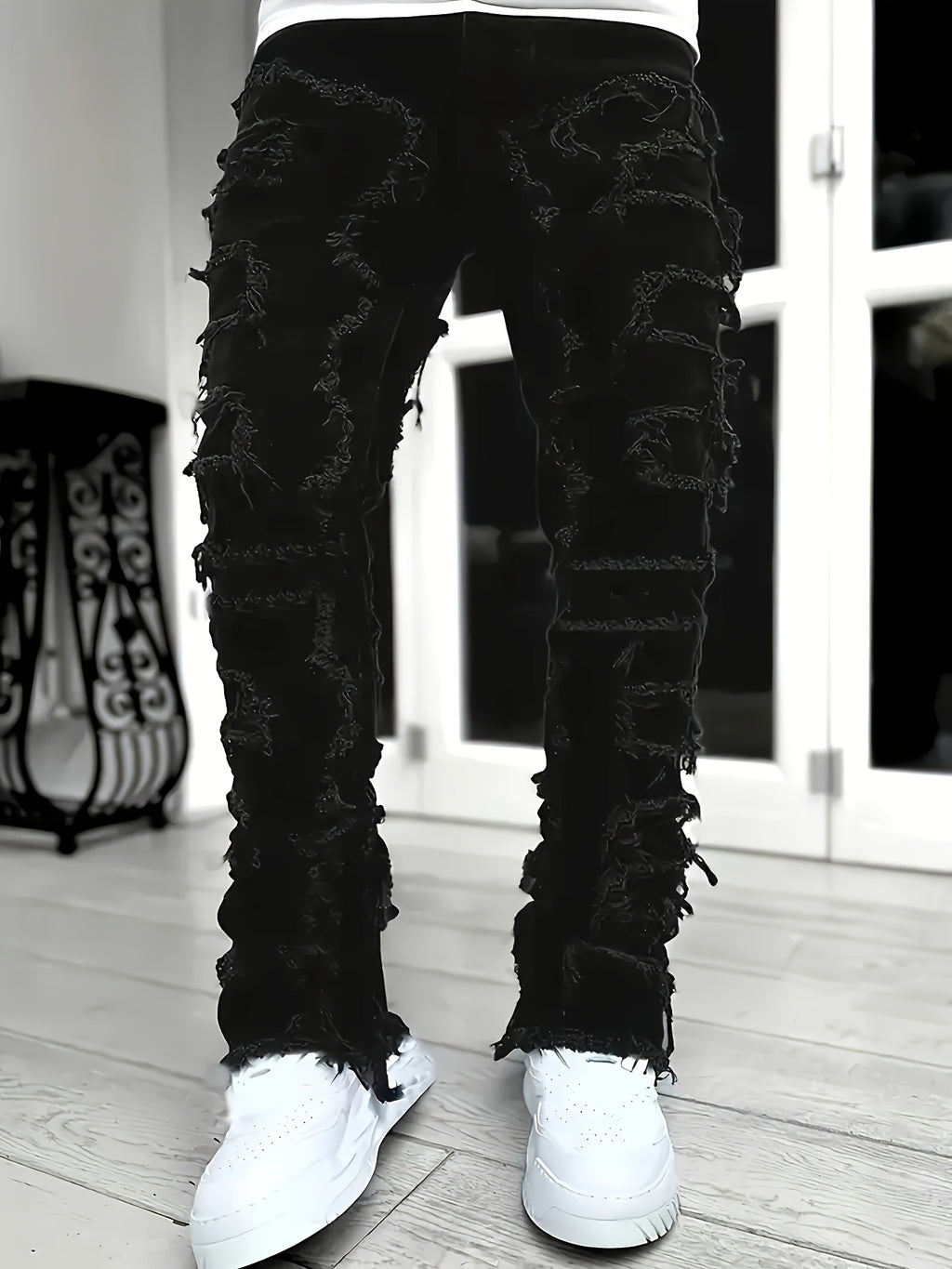Men'S Slim And Slim Creative Tassel Decorated Straight Jeans, Casual Elastic Street Style Hip-hop Skateboarding Rap Jeans For All Seasons.