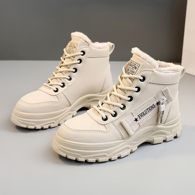[Winter Shoes] Winter Women's Casual High - Top Shoes | Thick - Soled Laced Sports Shoes With Plush Lining For Warmth