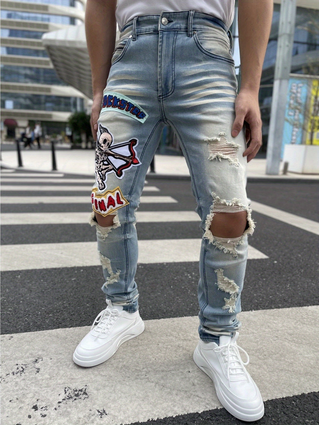Men's Slim-Fit Stretch Denim Jeans with Embroidered "RELAXED" Badge & Ripped Detailing - Light Blue, All-Season Comfort, Cotton Blend, Slim Fit, Hand Wash or Dry Clean