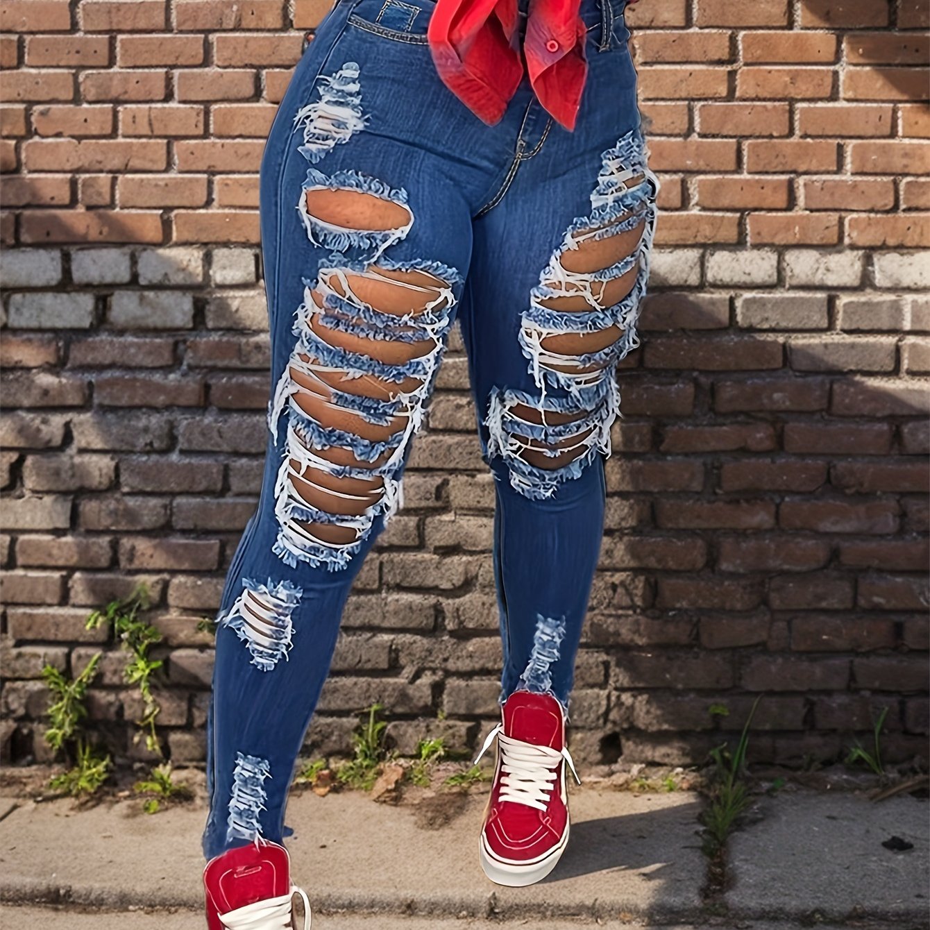 [Distressed High Waisted Jeans] High Waisted Ladies' Classic Distressed Torn Elastic Jeans - Comfortable Frayed Edges, Women's Jeans And Clothing