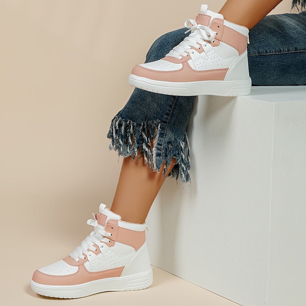 [Autumn Colorblock Sneakers] Autumn Women's Colorblock Casual Sneakers - Lace Up Soft Sole Flat High-top Walking Shoes - Round Toe Versatile Skate Shoes