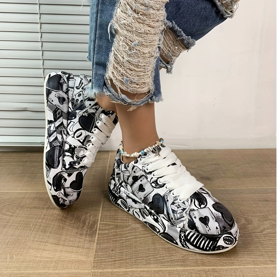 Women's Graffiti Print Platform Sneakers - Low-Top Lace-Up Skate Shoes with PU Cover Upper, Rubber Sole & Fabric Lining, All-Season Casual Streetwear Shoes for Urban Fashion, Ladies Sneakers, Stylish Laceup Footwear, Durable