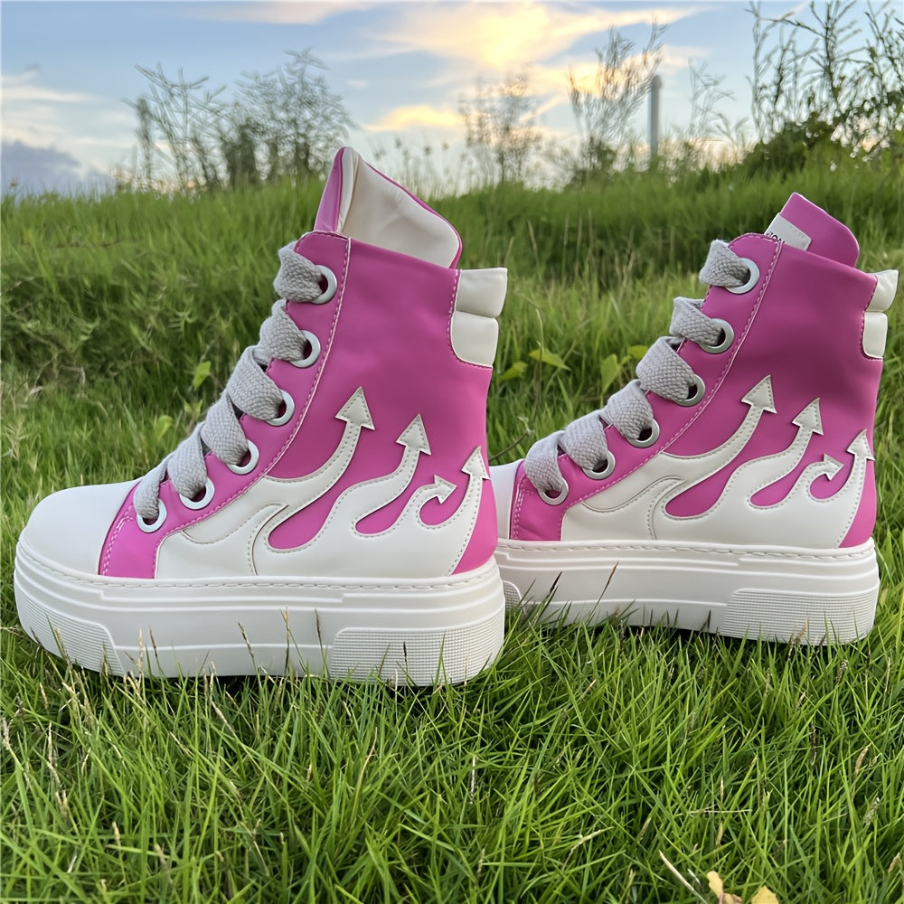 Women Fashion Red Sneakers Thick Sole High-top Faux Leather Casual Tennis