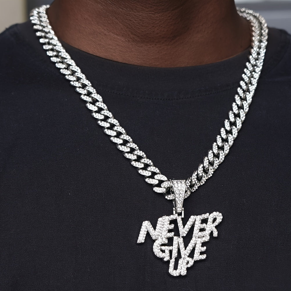 A Shiny Pendant With The Words NEVERGIVEUP, Featuring A Cuban Link Chain, Suitable For Both Men And Women, A Hip-hop Pendant Necklace.