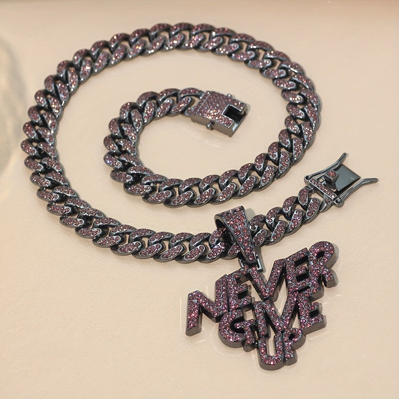 A Shiny Pendant With The Words NEVERGIVEUP, Featuring A Cuban Link Chain, Suitable For Both Men And Women, A Hip-hop Pendant Necklace.