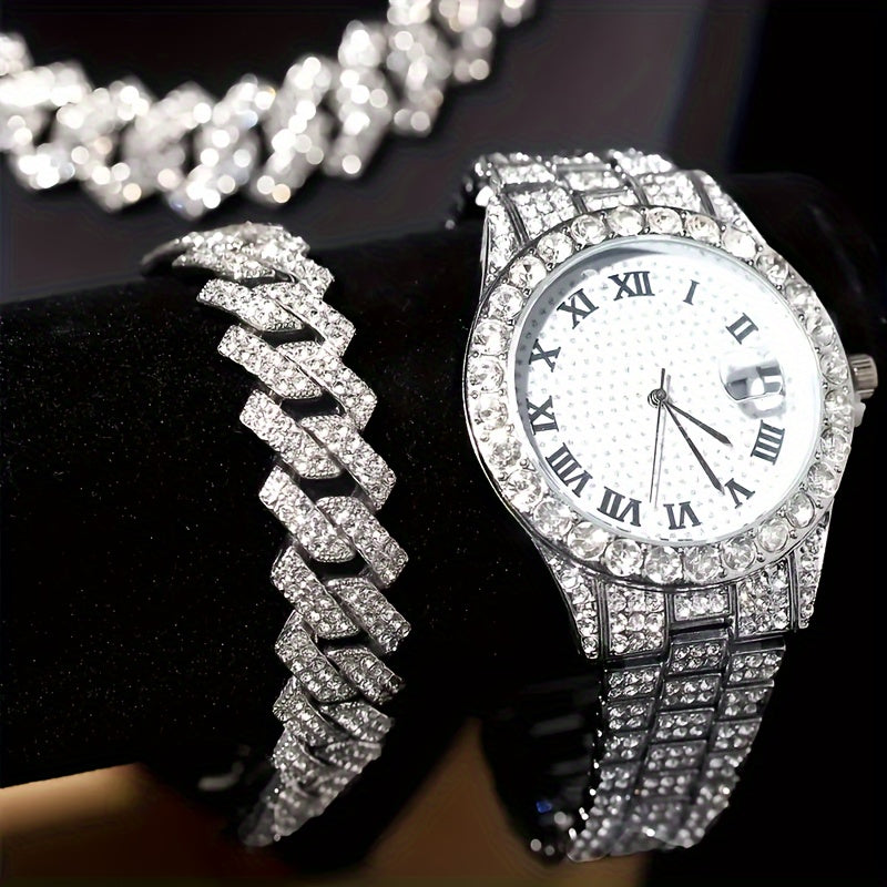 A Set Of 3 Pieces, Featuring A Stylish Hip-hop Watch Set With Waterfall Chain Bracelet And Necklace - Sparkling Water Droplets, Classic Design, Suitable For Men's Fashion