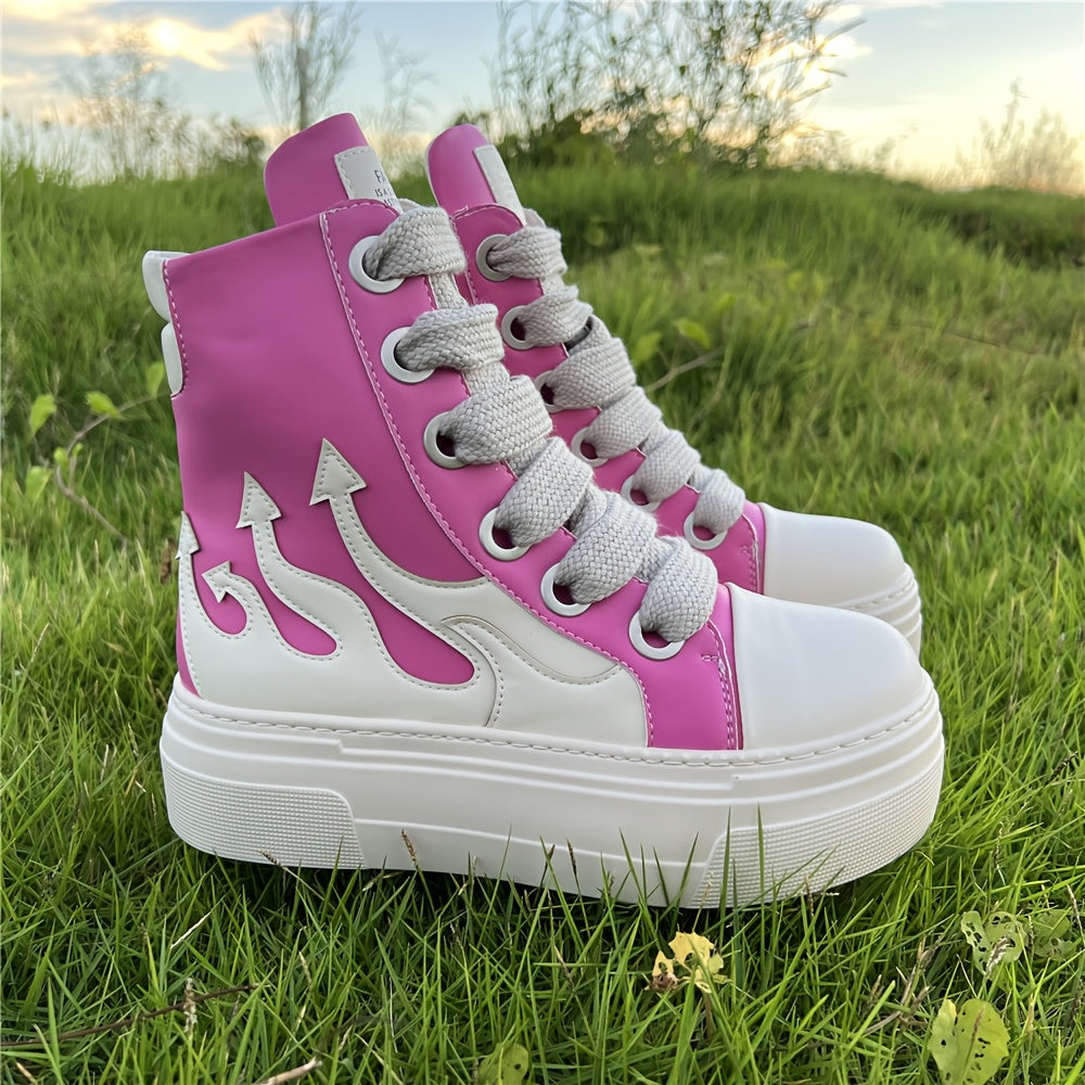 Women Fashion Red Sneakers Thick Sole High-top Faux Leather Casual Tennis