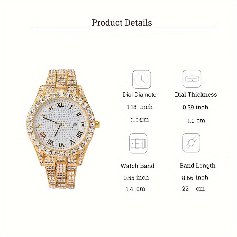A Set Of 3 Pieces, Featuring A Stylish Hip-hop Watch Set With Waterfall Chain Bracelet And Necklace - Sparkling Water Droplets, Classic Design, Suitable For Men's Fashion