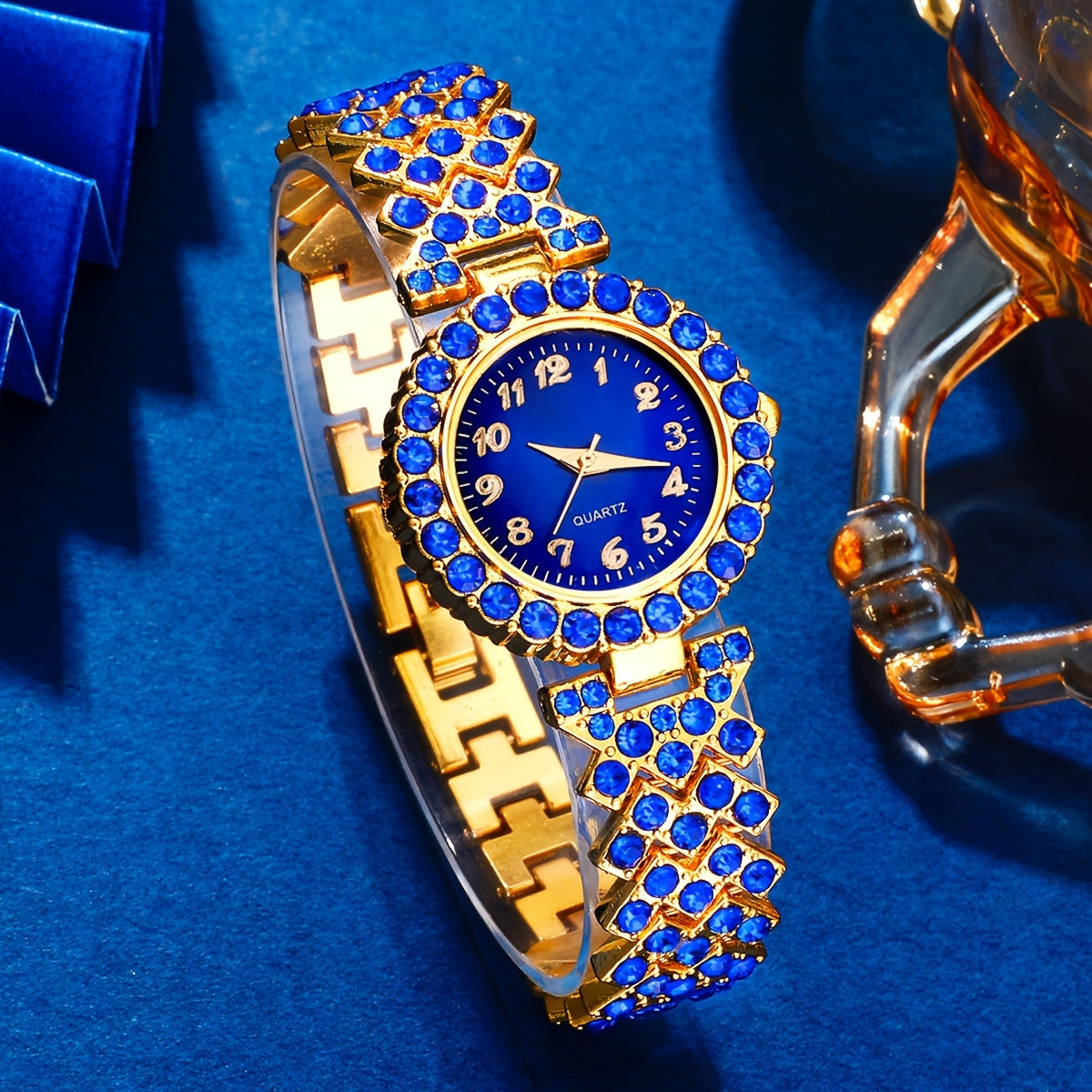 6pcs Ladies' Luxury Blue Quartz Watch and Jewelry Set - Golden-Tone Fashion Accessories with Gemstone Accents, Ideal for Daily Wear & Special Occasions, Perfect Christmas & Halloween Gift