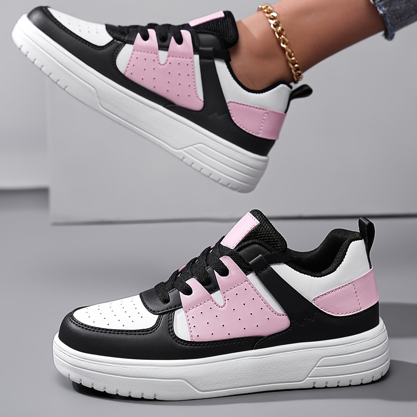 Women's Breathable Mesh Sneakers - Lightweight & Non-Slip Walking Shoes with EVA Sole, Casual Lace-Up Low Tops in Black/White/Pink, Perfect for All Seasons