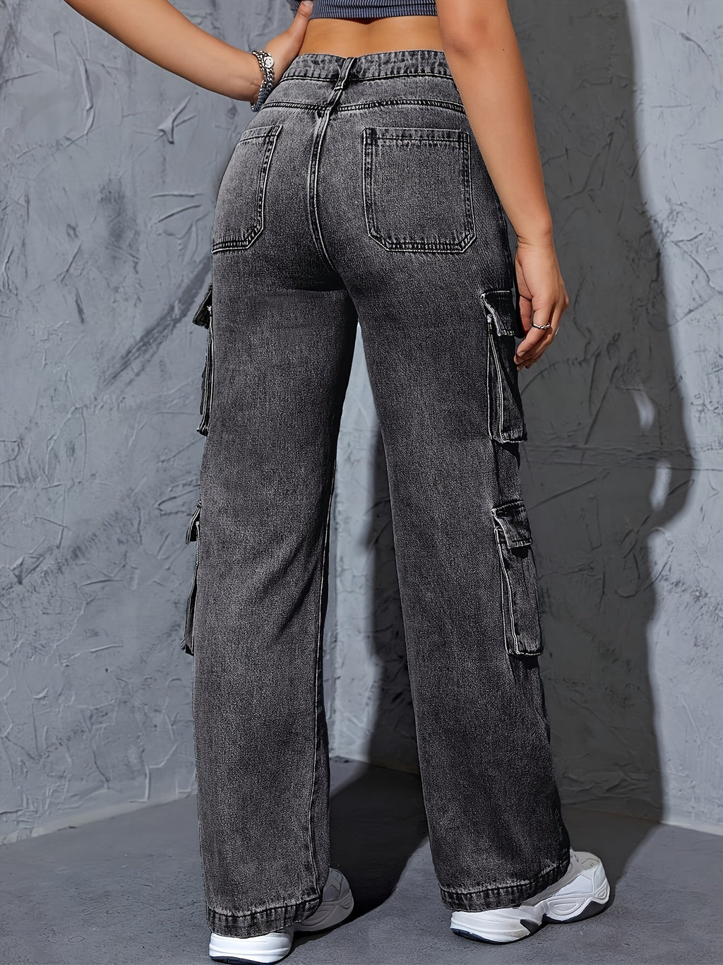Women's High-waisted Wide-leg Jeans, Boyfriend Style Wide-leg Overalls, Casual Denim Baggy Belt Pockets