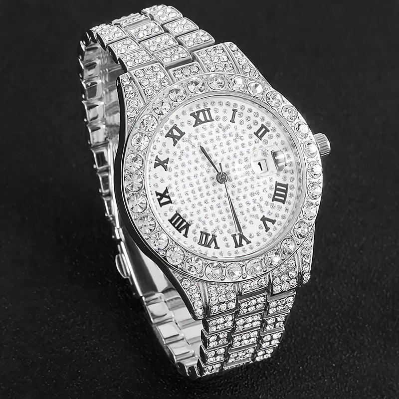 A Set Of 3 Pieces, Featuring A Stylish Hip-hop Watch Set With Waterfall Chain Bracelet And Necklace - Sparkling Water Droplets, Classic Design, Suitable For Men's Fashion