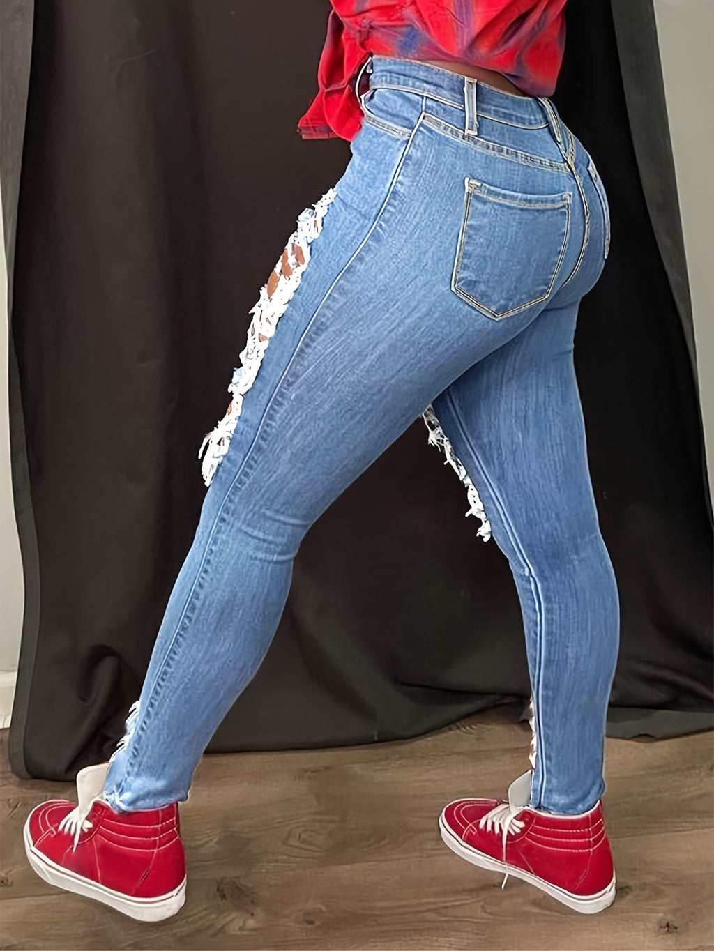 [Distressed High Waisted Jeans] High Waisted Ladies' Classic Distressed Torn Elastic Jeans - Comfortable Frayed Edges, Women's Jeans And Clothing