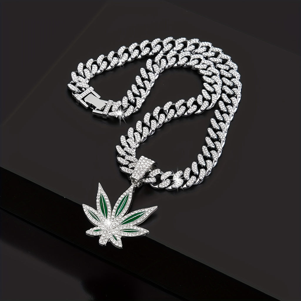 Hip hop rhinestone leaf pendant, Cuban chain necklace, unisex neck accessory, Women's and Men's decoration