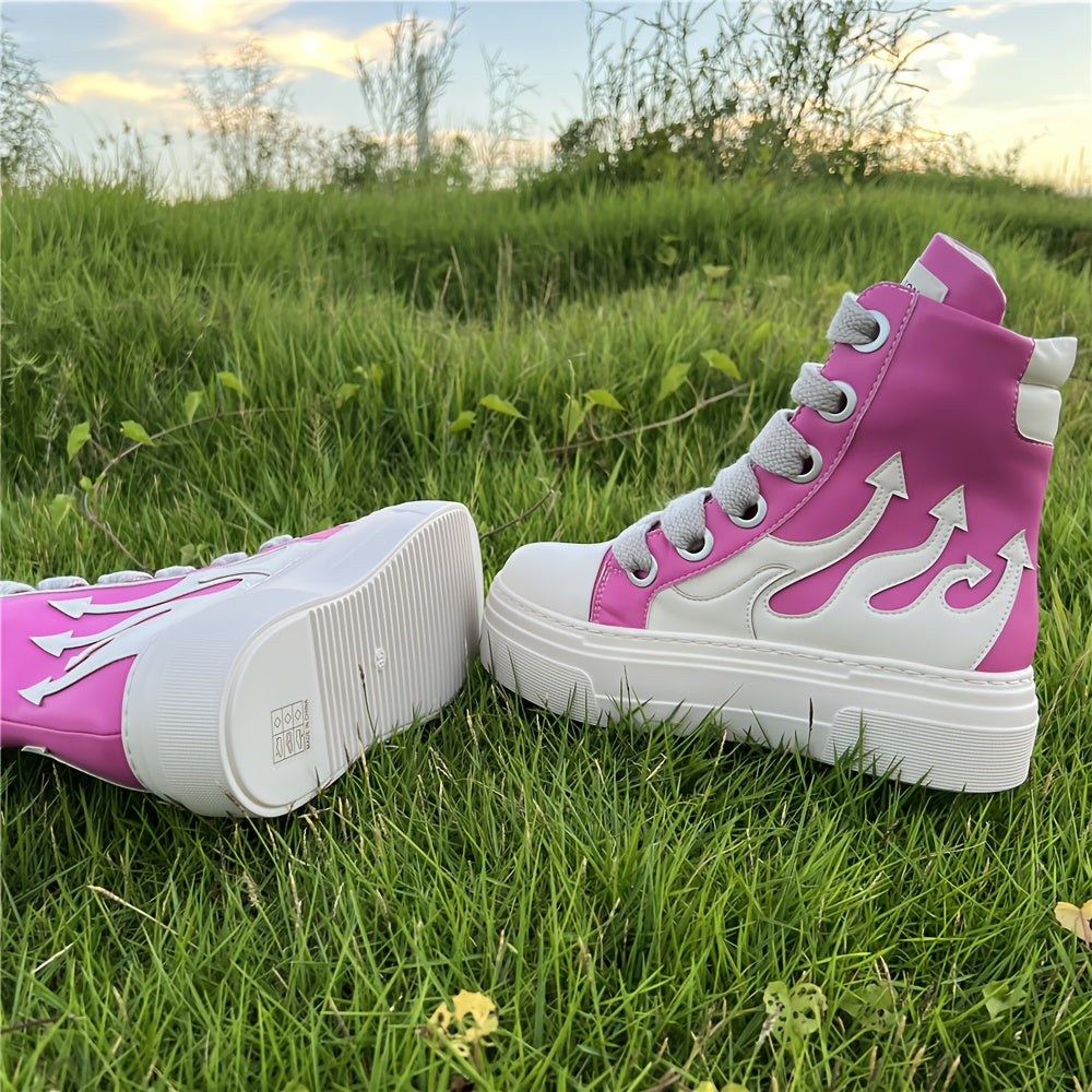 Women Fashion Red Sneakers Thick Sole High-top Faux Leather Casual Tennis
