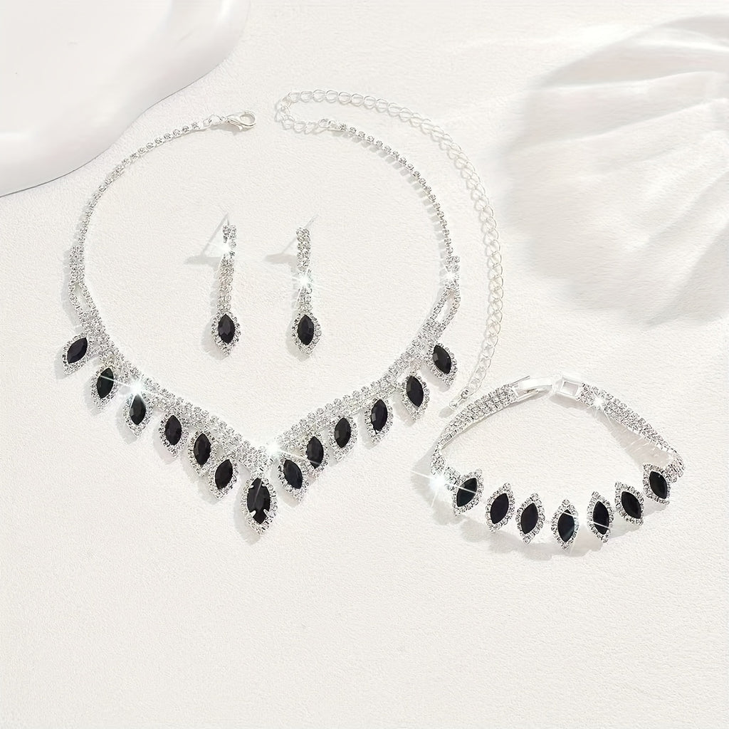 Elegant Bridal Wedding Jewelry Set, Rhinestone Heart Theme, Synthetic February Birthstone, Minimalist Style, 1 Necklace, 1 Pair Of Earrings, 1 Bracelet, Party And Wedding Accessories, Ramadan Gifts, Suitable For All Seasons