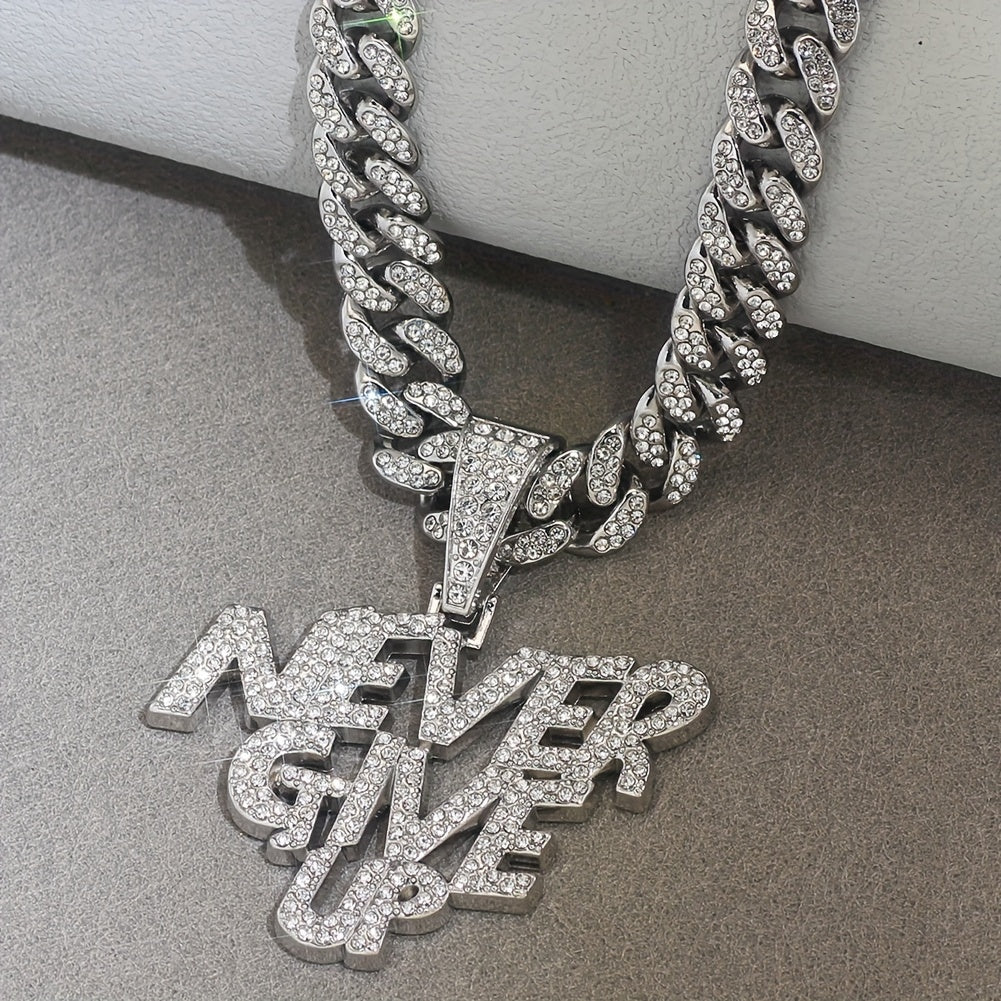 A Shiny Pendant With The Words NEVERGIVEUP, Featuring A Cuban Link Chain, Suitable For Both Men And Women, A Hip-hop Pendant Necklace.