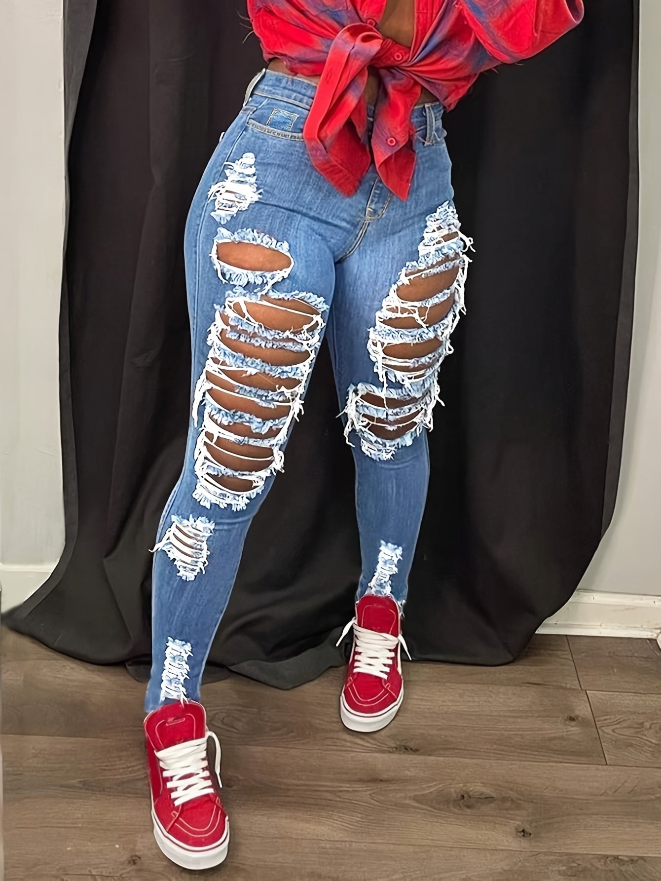 [Distressed High Waisted Jeans] High Waisted Ladies' Classic Distressed Torn Elastic Jeans - Comfortable Frayed Edges, Women's Jeans And Clothing