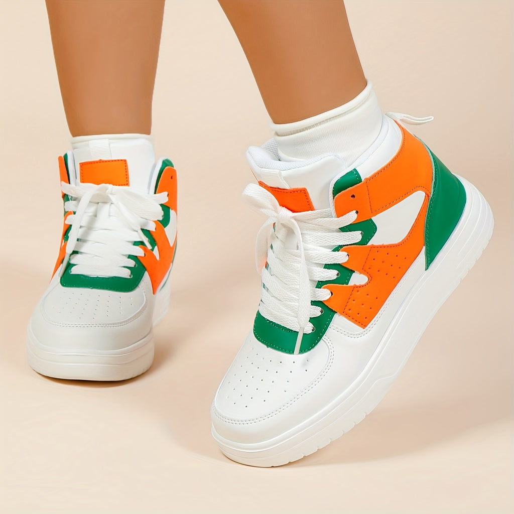 [Autumn Colorblock Sneakers] Autumn Women's Colorblock Casual Sneakers - Lace Up Soft Sole Flat High-top Walking Shoes - Round Toe Versatile Skate Shoes