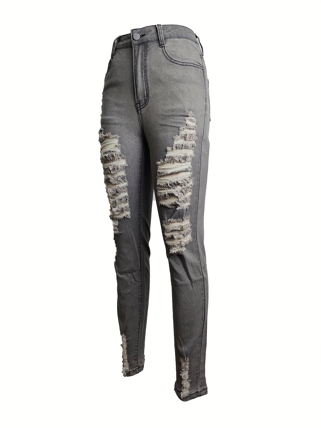[Distressed High Waisted Jeans] High Waisted Ladies' Classic Distressed Torn Elastic Jeans - Comfortable Frayed Edges, Women's Jeans And Clothing