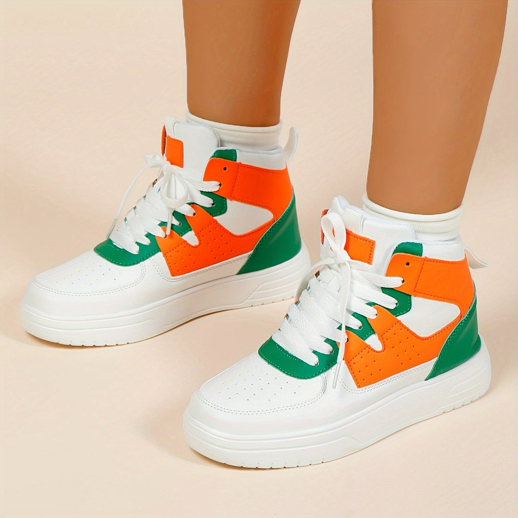 [Autumn Colorblock Sneakers] Autumn Women's Colorblock Casual Sneakers - Lace Up Soft Sole Flat High-top Walking Shoes - Round Toe Versatile Skate Shoes