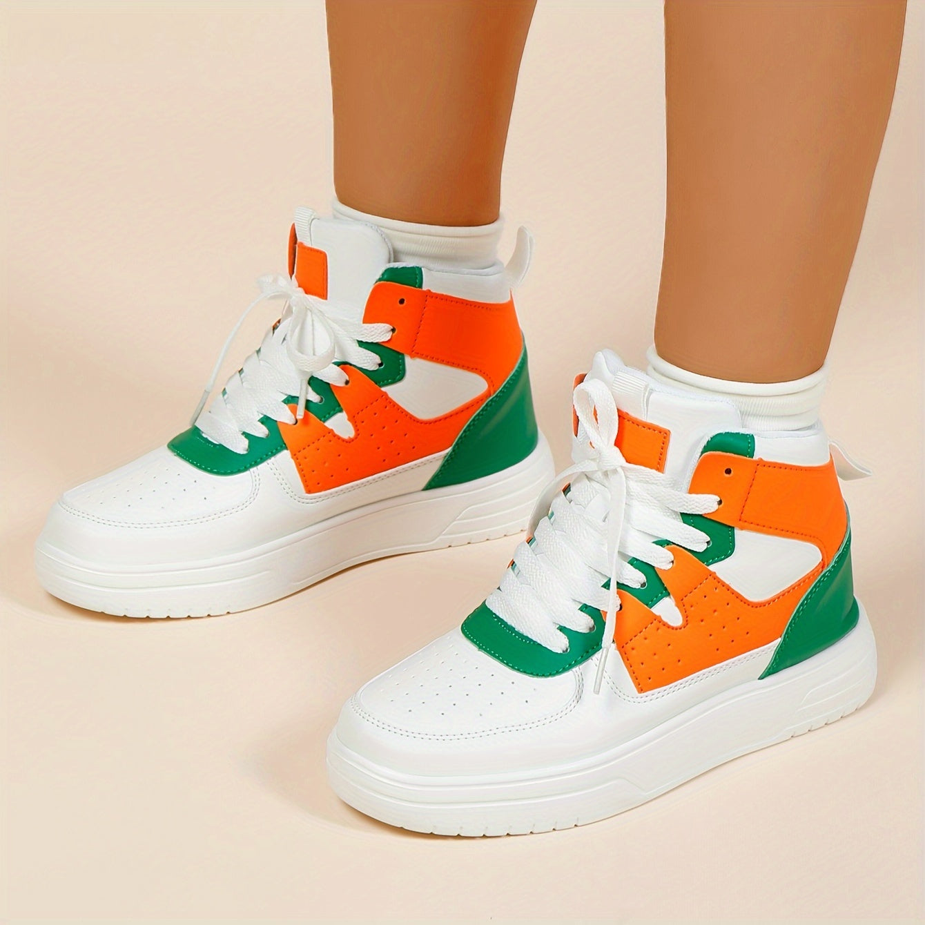 [Autumn Colorblock Sneakers] Autumn Women's Colorblock Casual Sneakers - Lace Up Soft Sole Flat High-top Walking Shoes - Round Toe Versatile Skate Shoes