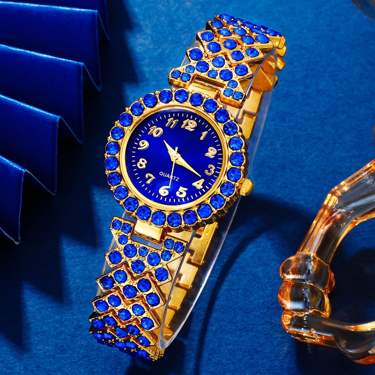 6pcs Ladies' Luxury Blue Quartz Watch and Jewelry Set - Golden-Tone Fashion Accessories with Gemstone Accents, Ideal for Daily Wear & Special Occasions, Perfect Christmas & Halloween Gift