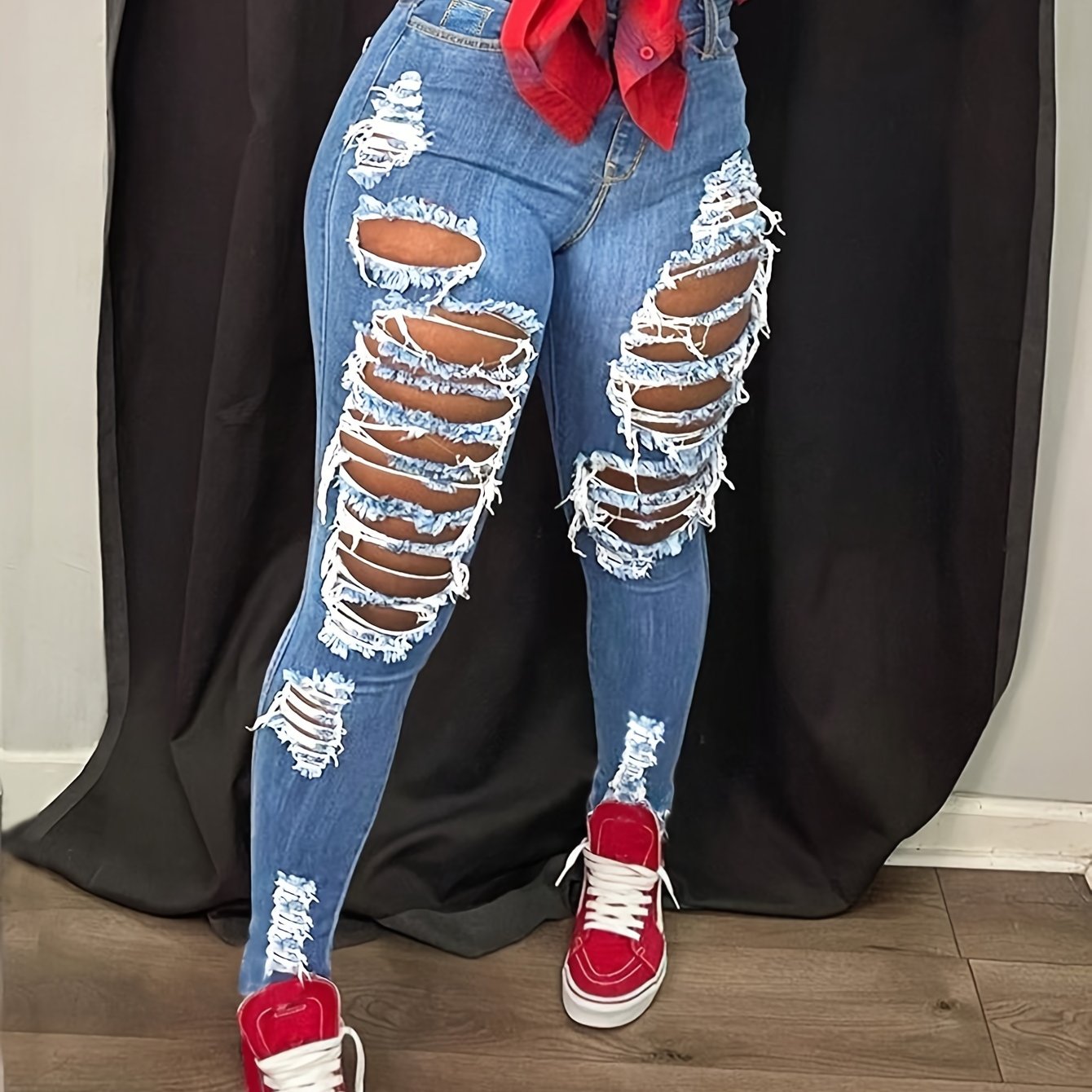 [Distressed High Waisted Jeans] High Waisted Ladies' Classic Distressed Torn Elastic Jeans - Comfortable Frayed Edges, Women's Jeans And Clothing