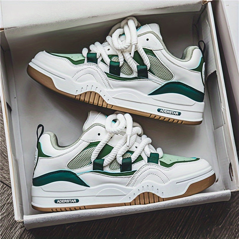 Men's All-Season Trendy Athletic Sneakers - White, Green & Orange Color Scheme, Breathable Mesh Upper, Durable Rubber Sole, Lace-Up Casual Shoes for Everyday & Sports Wear, Versatile Footwear | Modern Shoe Design | Comfortabl