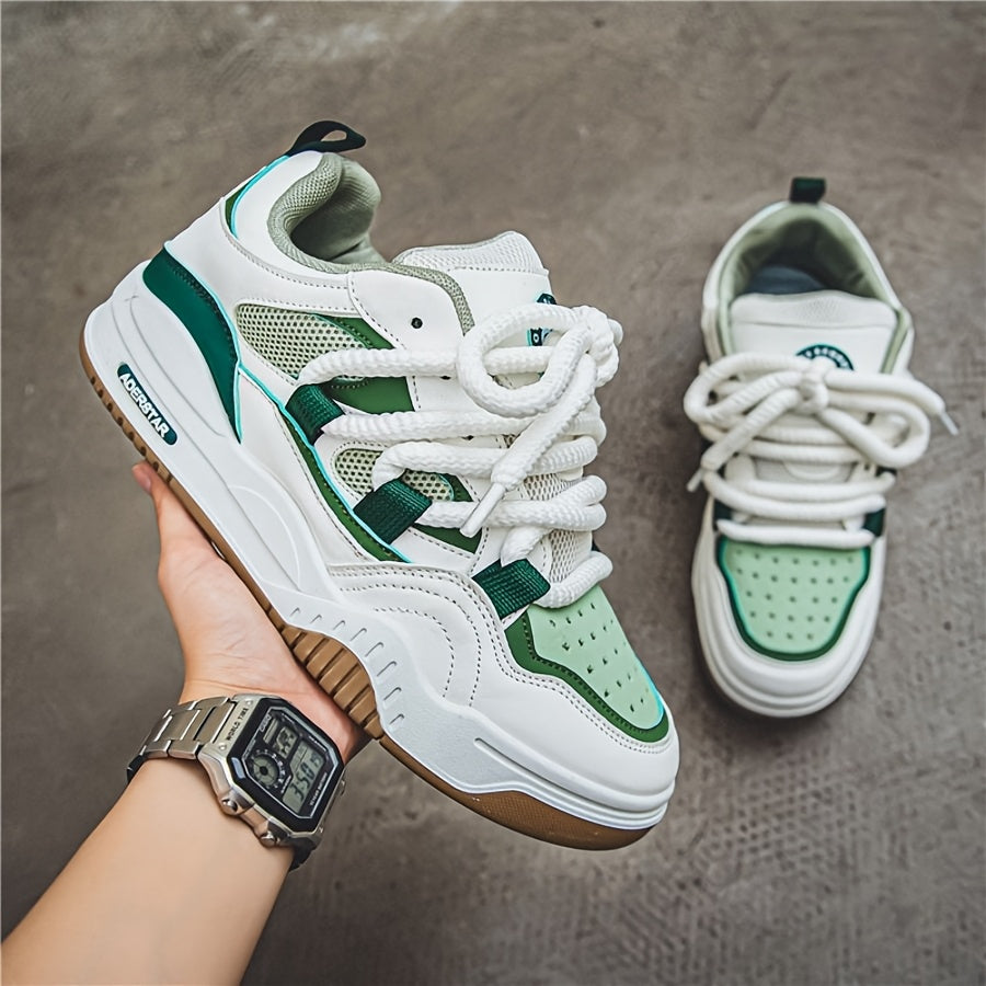 Men's All-Season Trendy Athletic Sneakers - White, Green & Orange Color Scheme, Breathable Mesh Upper, Durable Rubber Sole, Lace-Up Casual Shoes for Everyday & Sports Wear, Versatile Footwear | Modern Shoe Design | Comfortabl