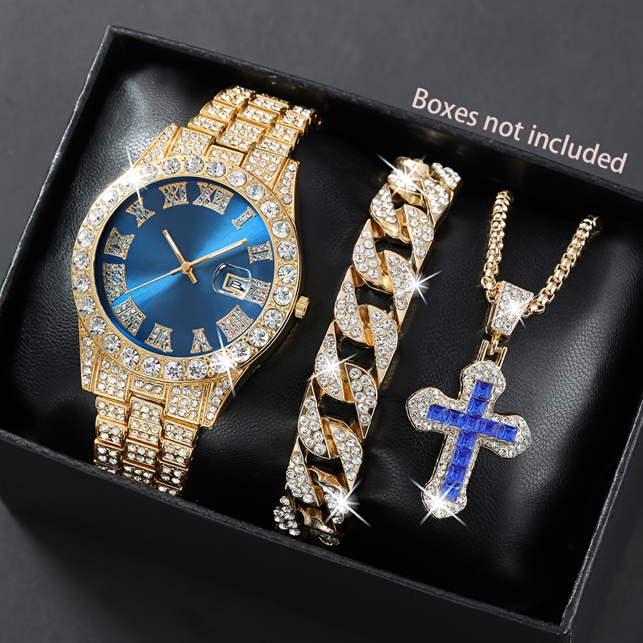 Men's Quartz Watch Set, Stylish Shock Resistant Circular Pointer Display, Non Alloy Case and Strap, with Accompanying Jewelry Set