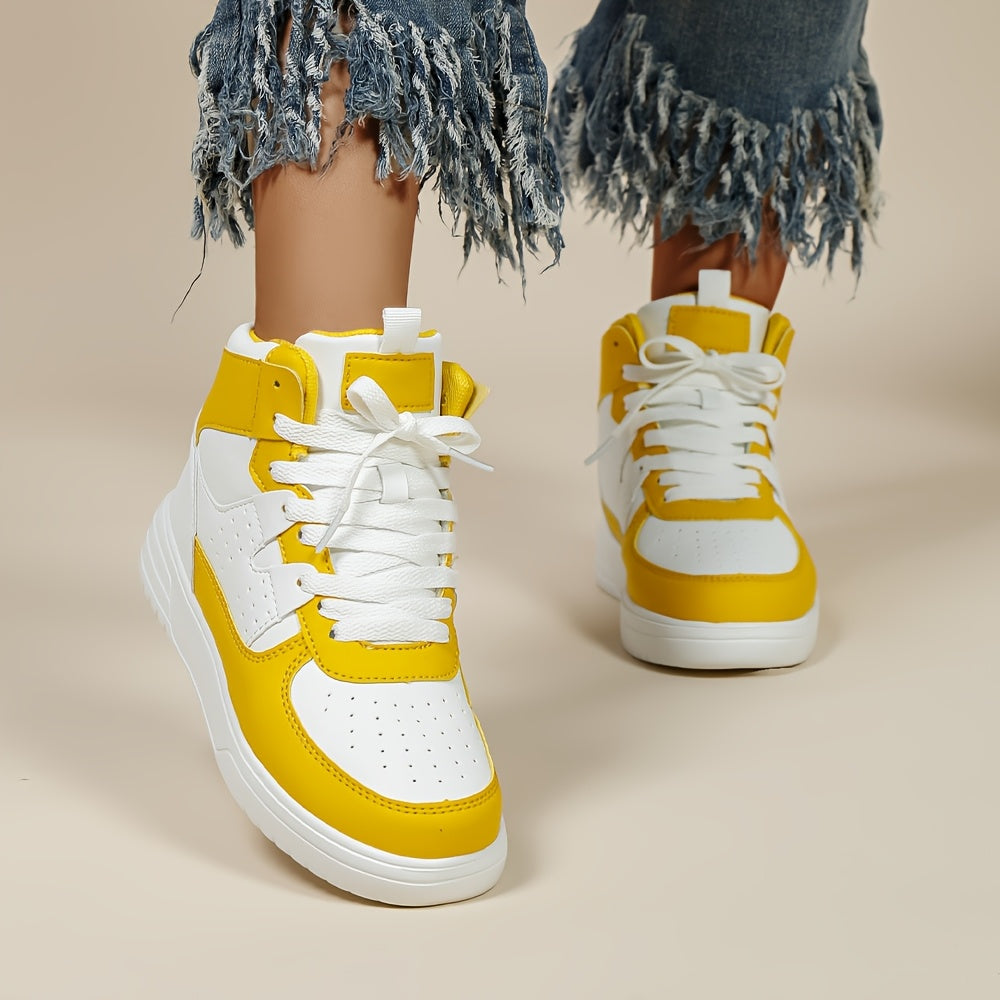 [Autumn Colorblock Sneakers] Autumn Women's Colorblock Casual Sneakers - Lace Up Soft Sole Flat High-top Walking Shoes - Round Toe Versatile Skate Shoes
