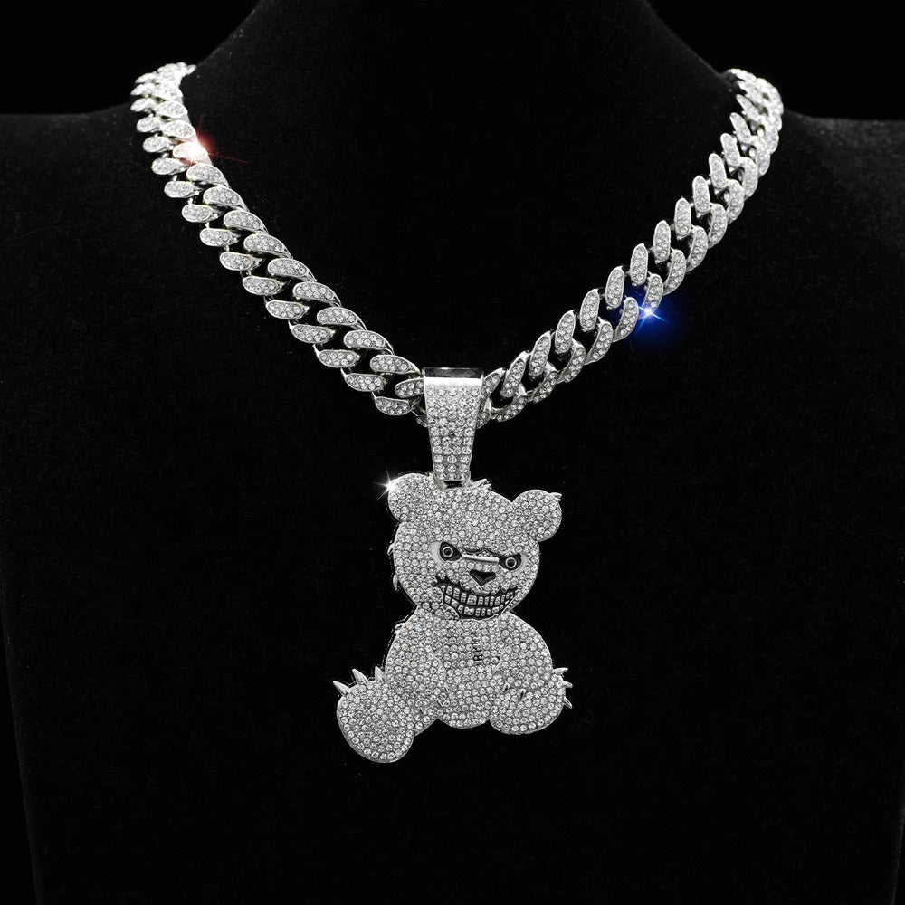 Hip Hop Aggressive Bear Pendants Necklaces with Miami Cuban Link Chain Brown Bear Men's Women Choker Collar Jewelry Accessories