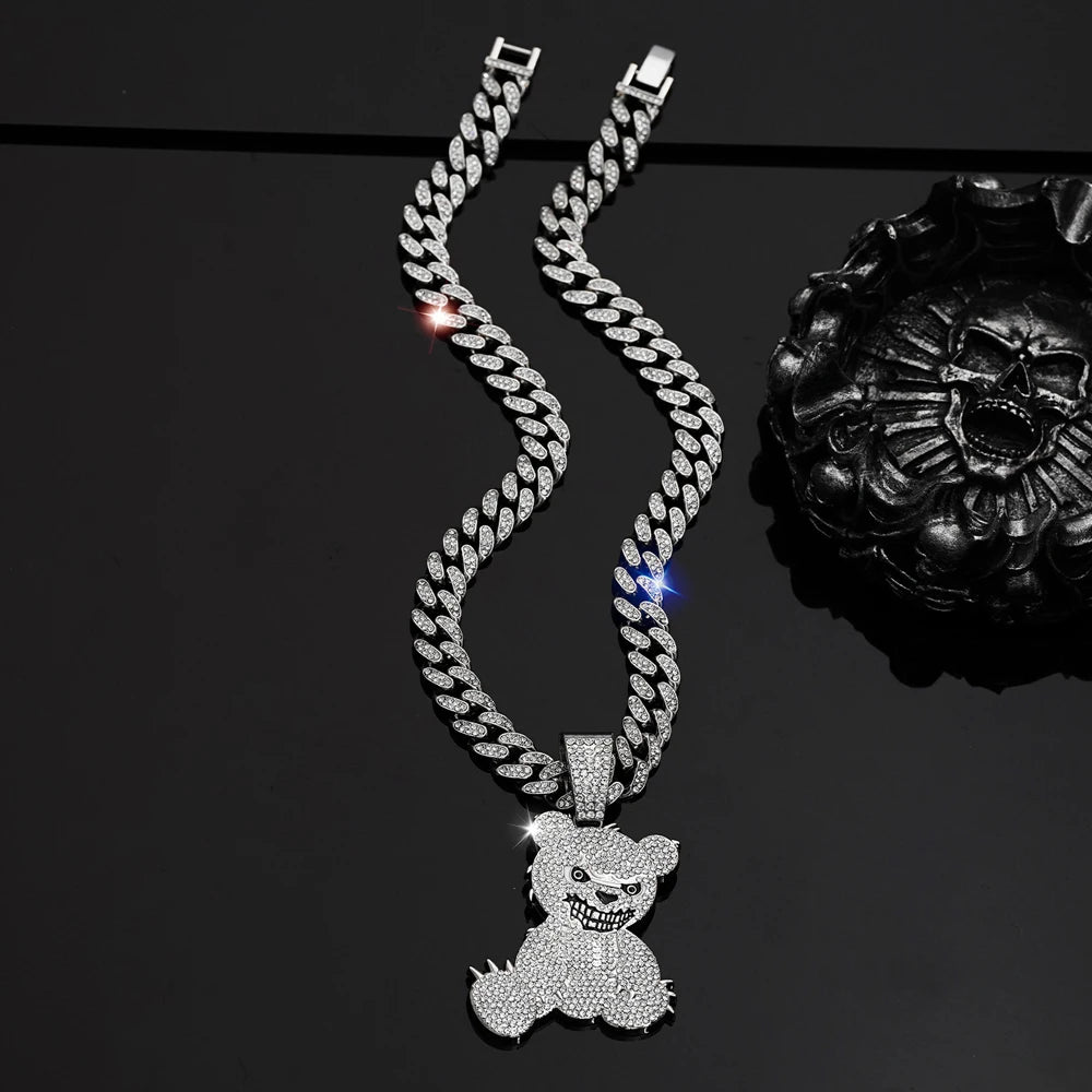 Hip Hop Aggressive Bear Pendants Necklaces with Miami Cuban Link Chain Brown Bear Men's Women Choker Collar Jewelry Accessories