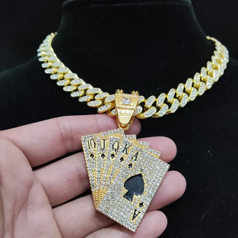 Men Women Hip Hop playing card Pendant Necklace With Crystal Cuban Chain HipHop Iced Out Bling Necklaces Fashion Charm Jewelry