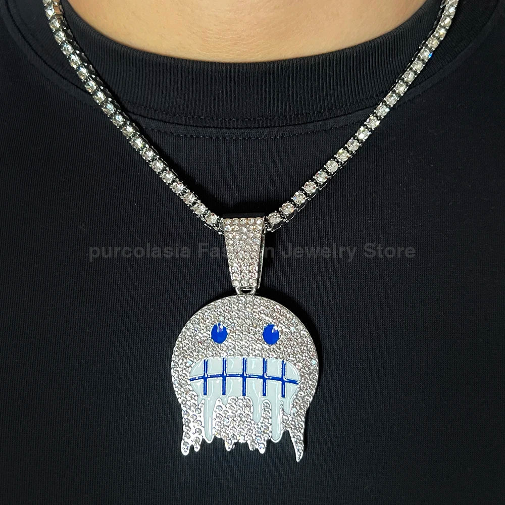 Hip Hop Necklace Exaggerated Frozen Expression Face Pendant With 12mm Cuban Chain Iced Out Jewelry For Man Woman