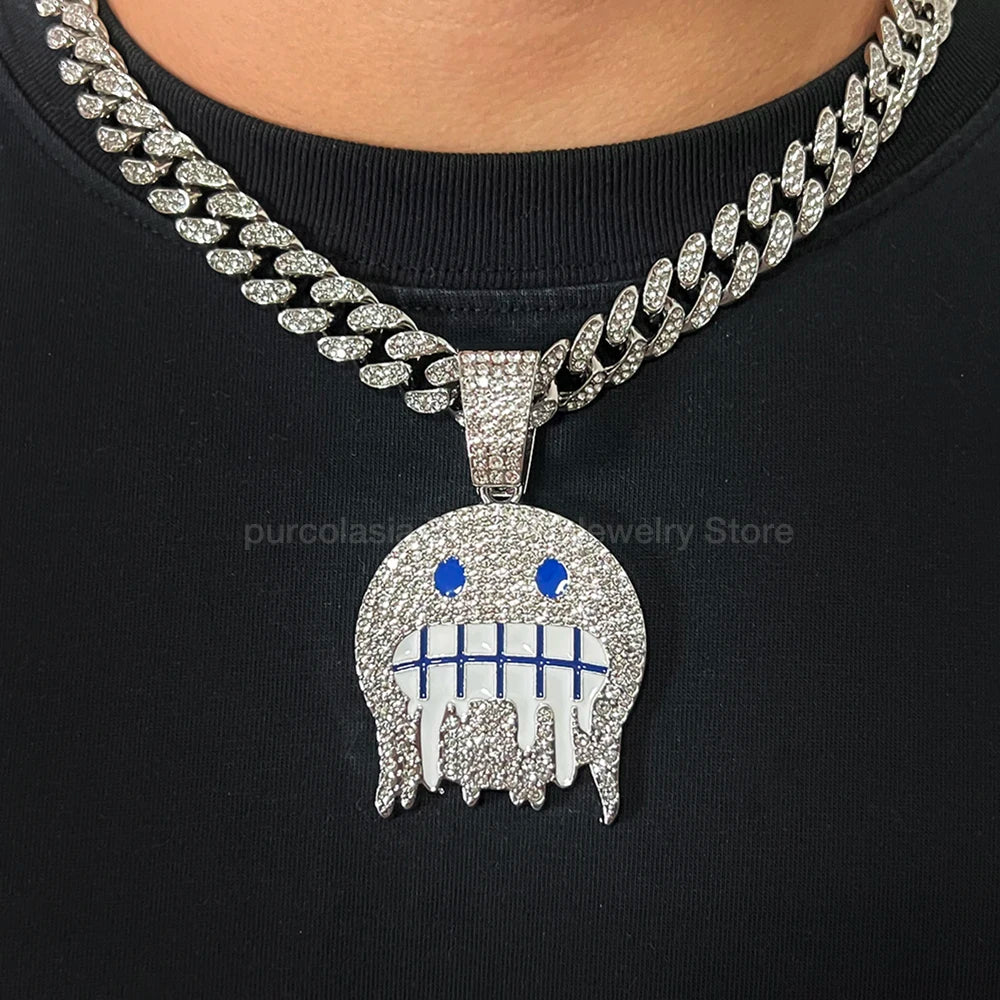 Hip Hop Necklace Exaggerated Frozen Expression Face Pendant With 12mm Cuban Chain Iced Out Jewelry For Man Woman