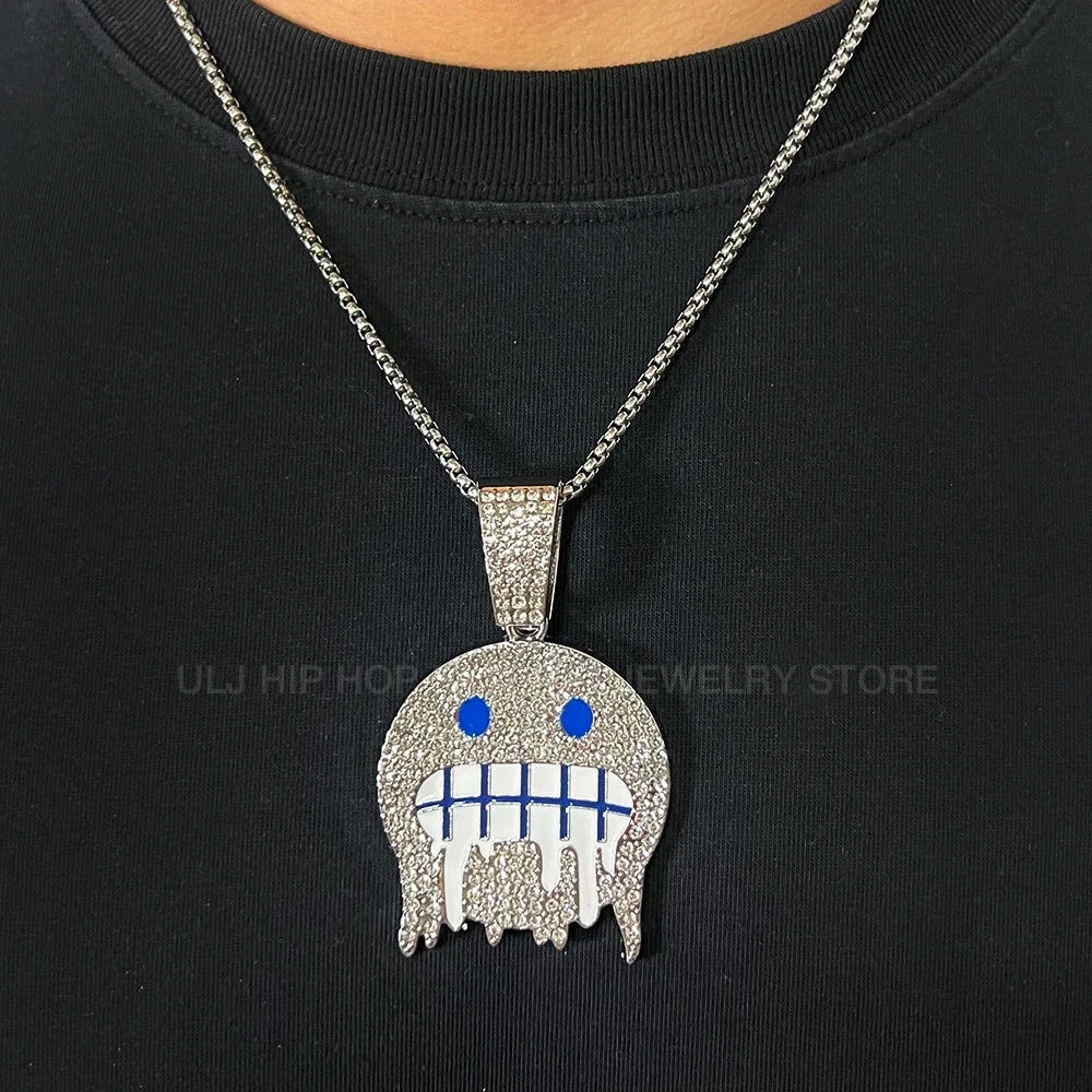 Hip Hop Necklace Exaggerated Frozen Expression Face Pendant With 12mm Cuban Chain Iced Out Jewelry For Man Woman