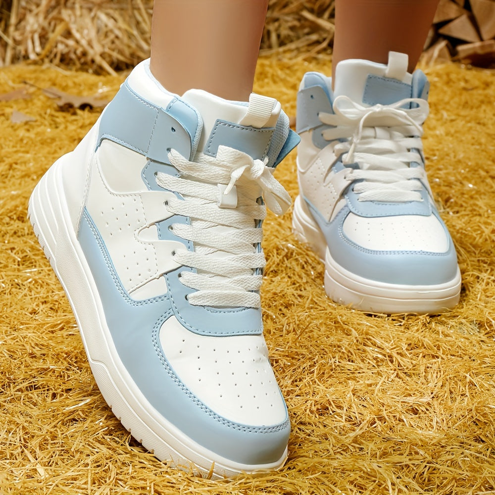 [Autumn Colorblock Sneakers] Autumn Women's Colorblock Casual Sneakers - Lace Up Soft Sole Flat High-top Walking Shoes - Round Toe Versatile Skate Shoes