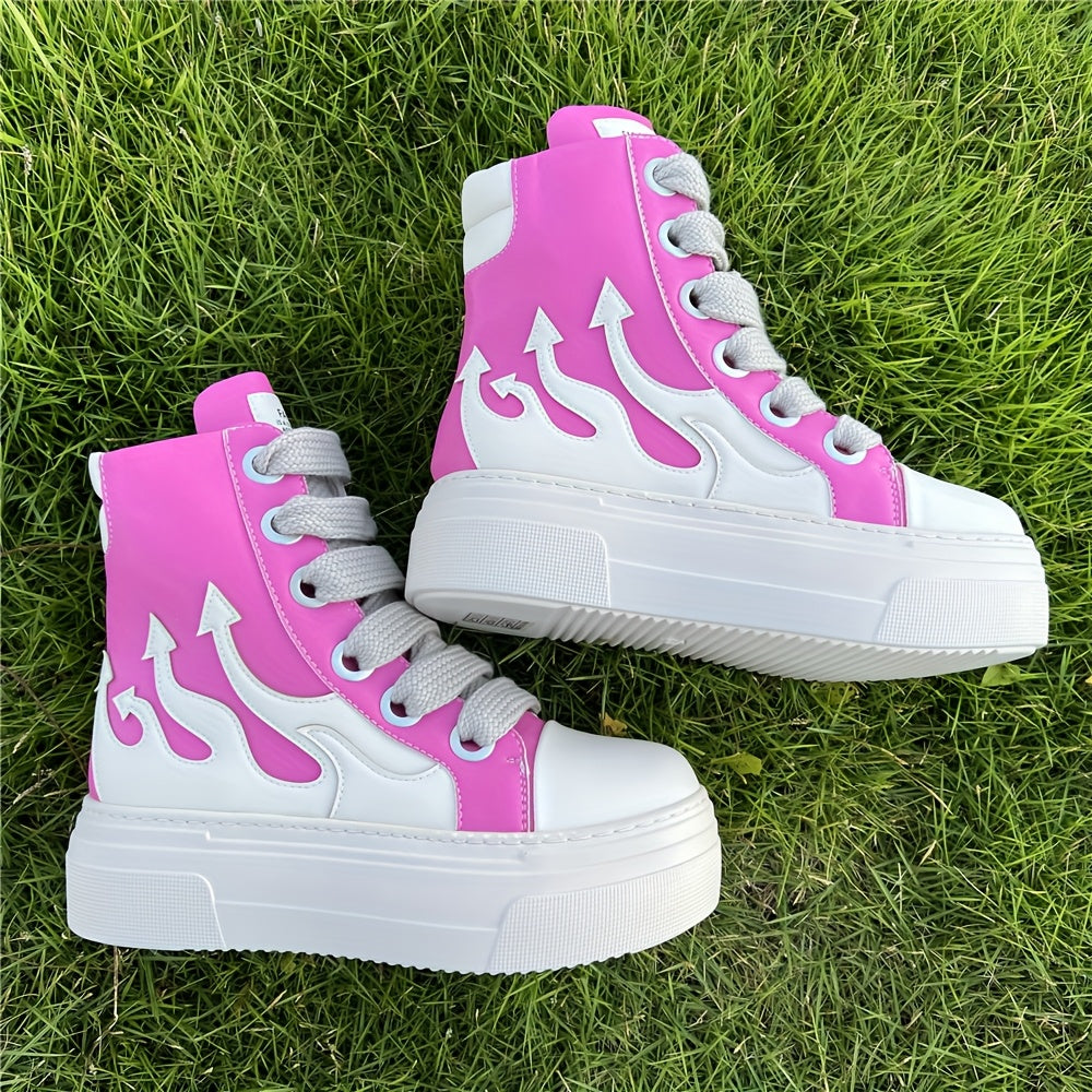 Women Fashion Red Sneakers Thick Sole High-top Faux Leather Casual Tennis