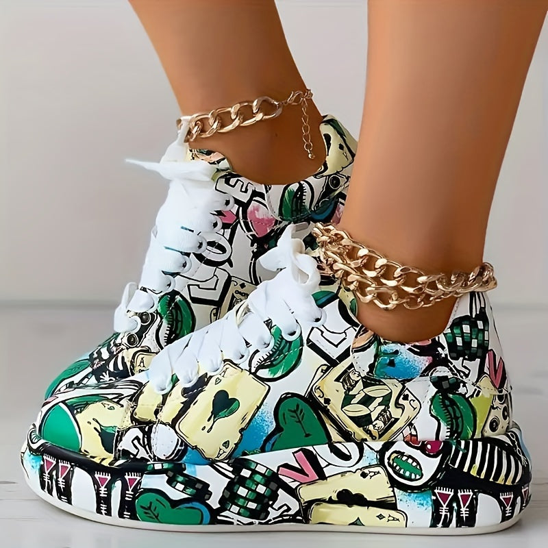 Women's Graffiti Print Platform Sneakers - Low-Top Lace-Up Skate Shoes with PU Cover Upper, Rubber Sole & Fabric Lining, All-Season Casual Streetwear Shoes for Urban Fashion, Ladies Sneakers, Stylish Laceup Footwear, Durable