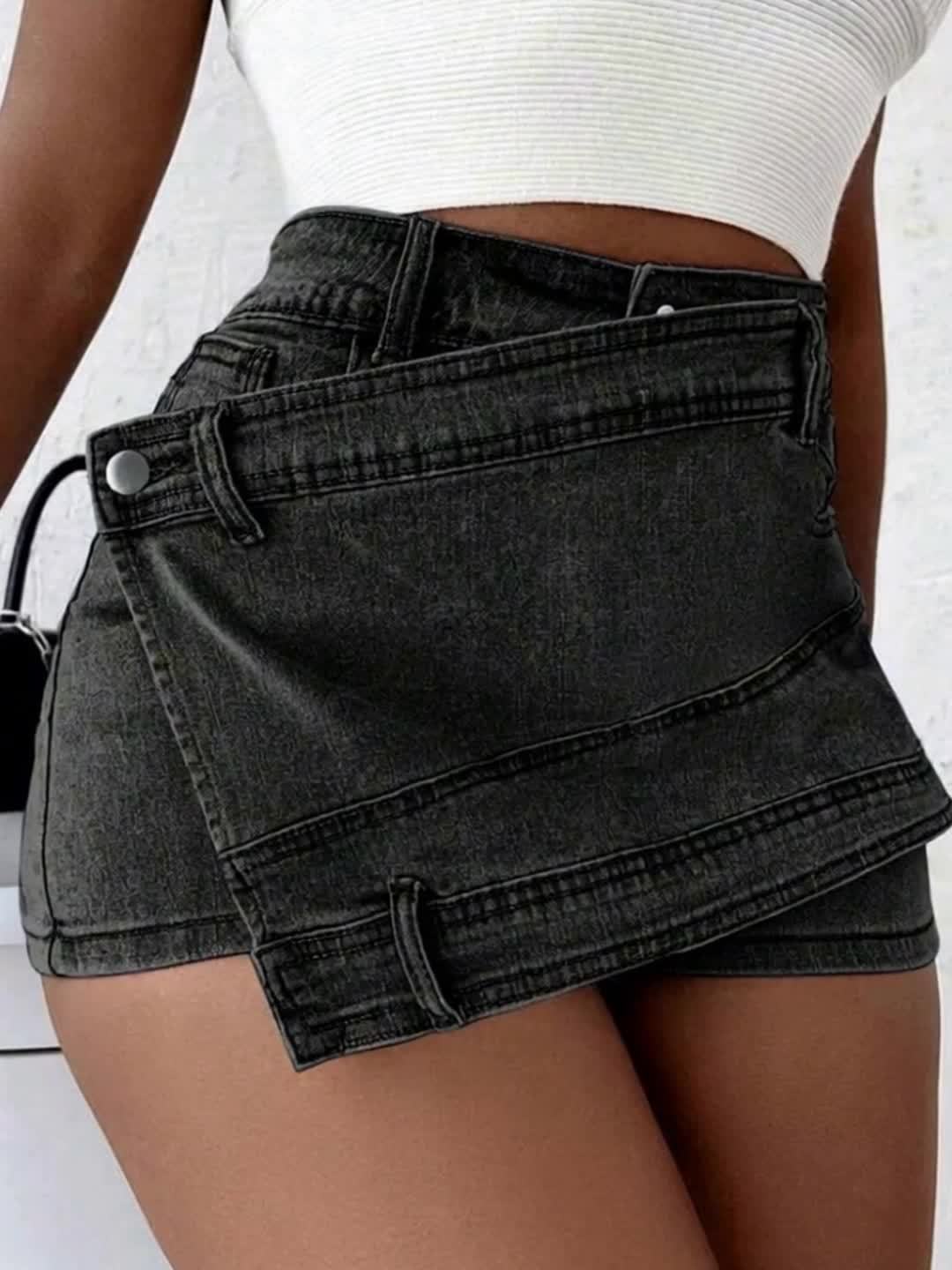 Grunge Punk Street New Vintage Stretchy Overlap Waist Wrap Asymmetric Hem A-Line Skinny Denim Skorts Halloween Clothes Jeans