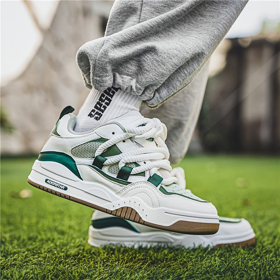 Men's All-Season Trendy Athletic Sneakers - White, Green & Orange Color Scheme, Breathable Mesh Upper, Durable Rubber Sole, Lace-Up Casual Shoes for Everyday & Sports Wear, Versatile Footwear | Modern Shoe Design | Comfortabl