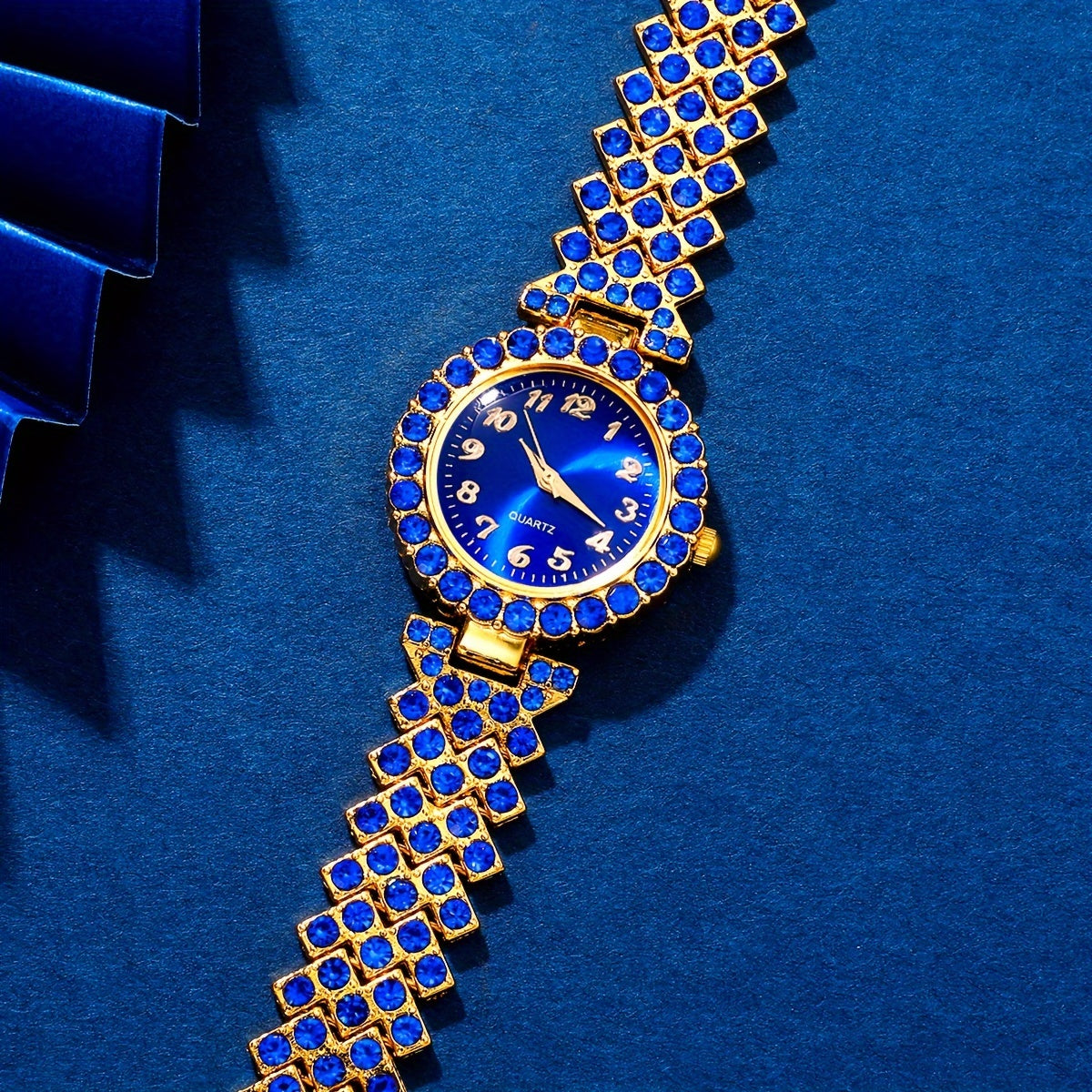 6pcs Ladies' Luxury Blue Quartz Watch and Jewelry Set - Golden-Tone Fashion Accessories with Gemstone Accents, Ideal for Daily Wear & Special Occasions, Perfect Christmas & Halloween Gift
