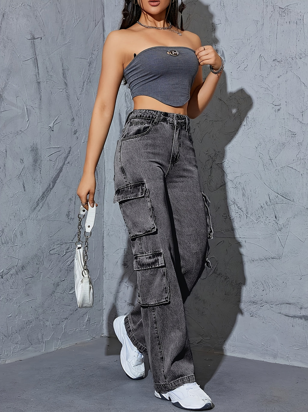 Women's High-waisted Wide-leg Jeans, Boyfriend Style Wide-leg Overalls, Casual Denim Baggy Belt Pockets
