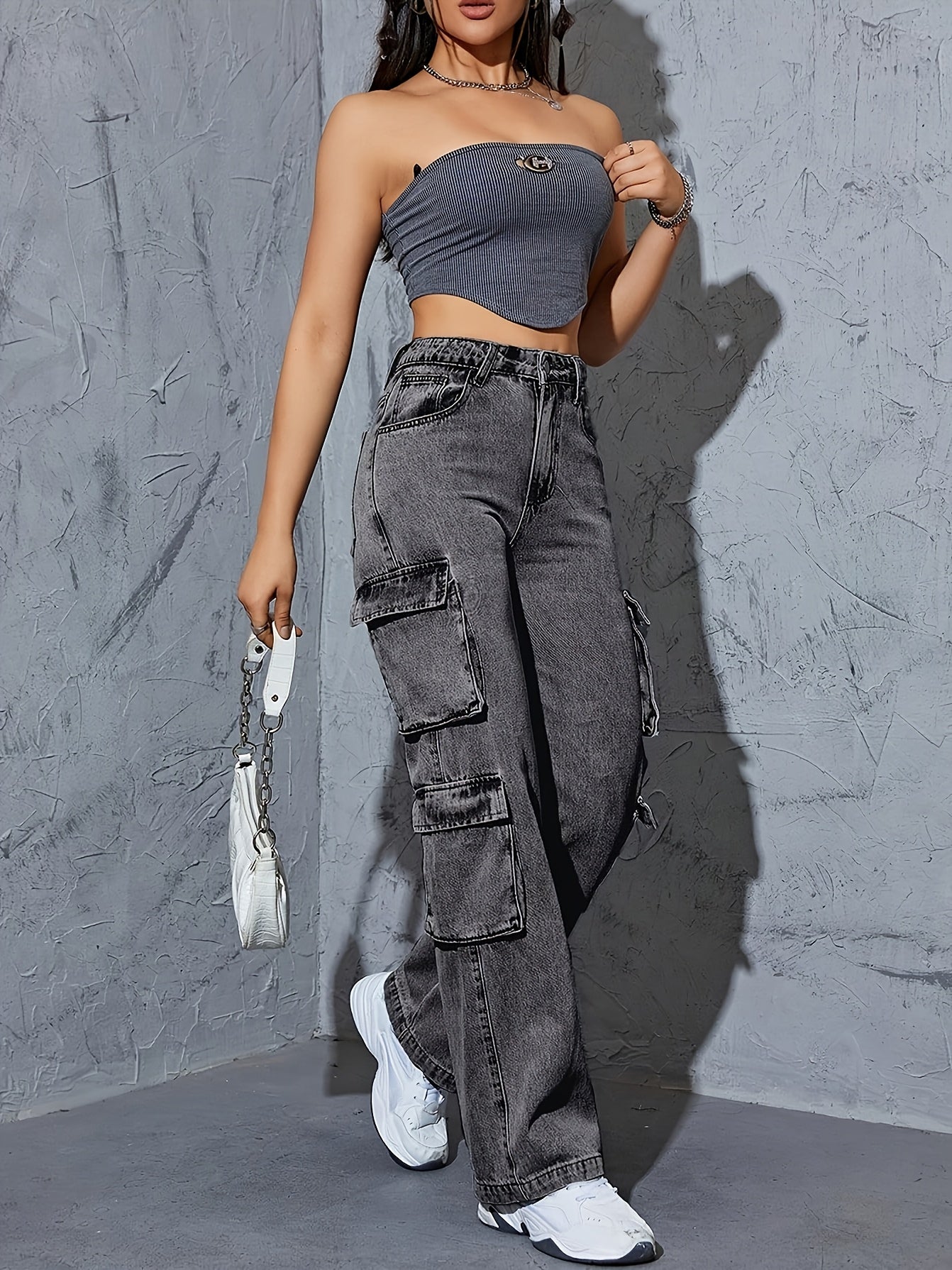 Women's High-waisted Wide-leg Jeans, Boyfriend Style Wide-leg Overalls, Casual Denim Baggy Belt Pockets