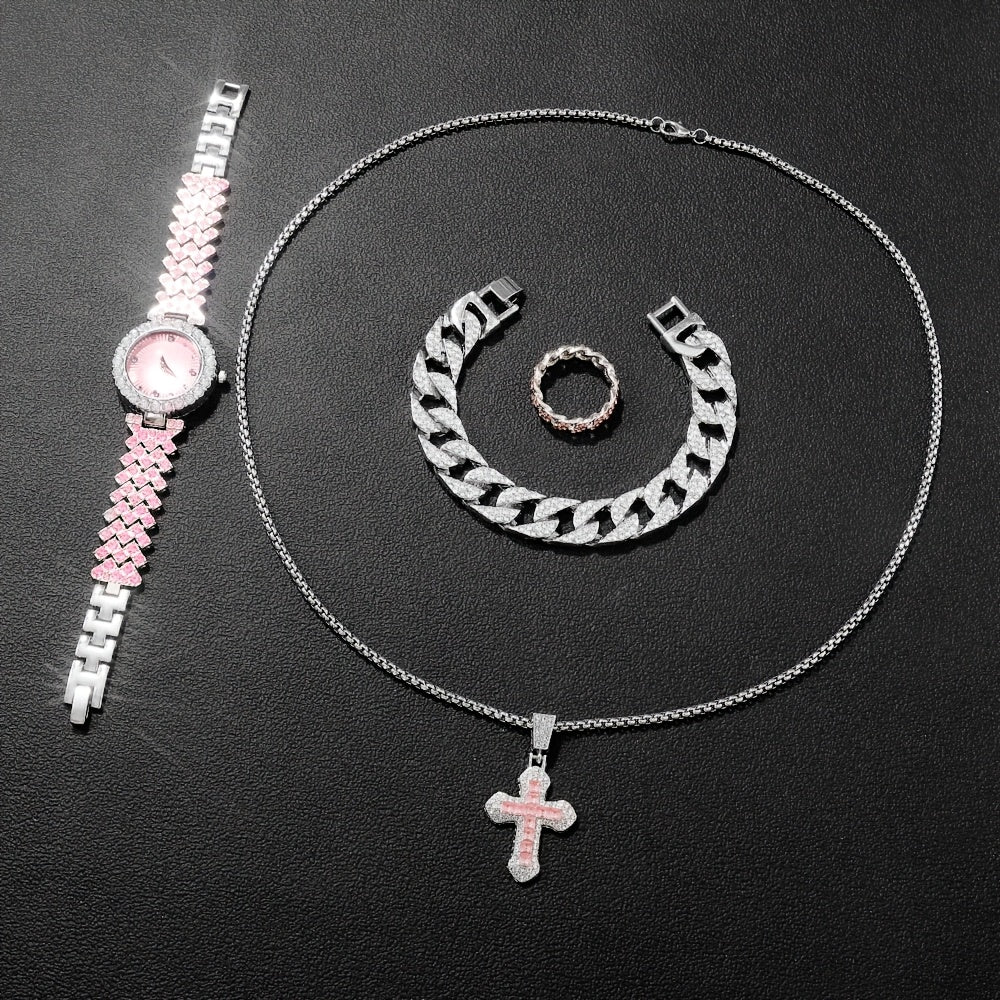 A Set Of 4 Elegant Casual Pointer-style Ladies' Quartz Watches, Exquisite And Shiny Ladies' Watch Set, 1 Watch + 3 Jewelry Set, A Selected Watch Set For Fashionable Ladies