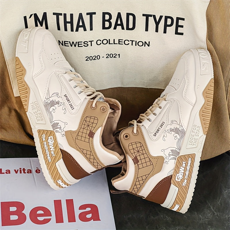 Women's High-Top Casual Sneakers - Trendy Wave Pattern & Color Block Design, PU Cover Upper & Anti-Slip Rubber Sole, Lace-Up Skateboard Shoes for Outdoor Activities, All-Season Comfort Footwear, High Top Sneakers