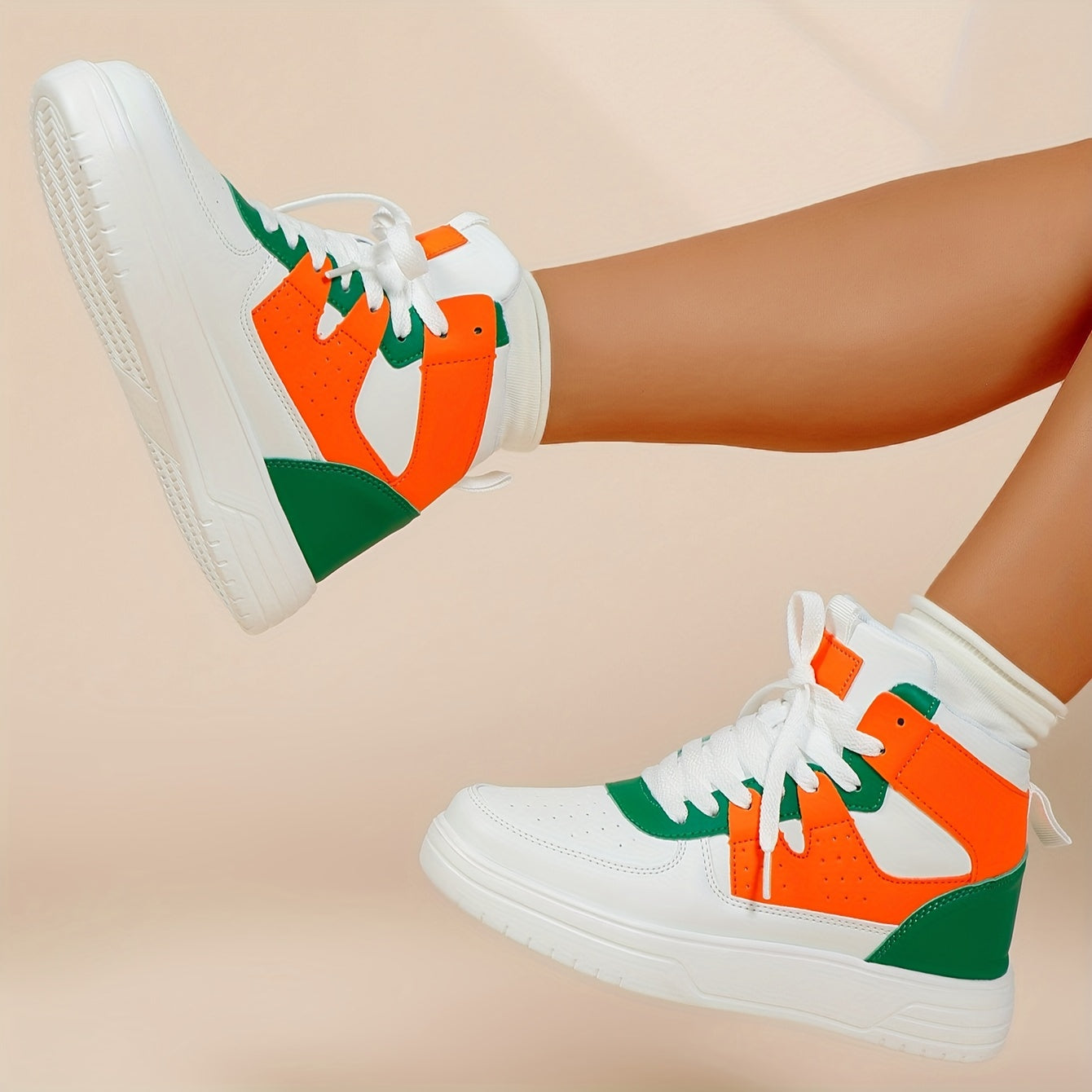 [Autumn Colorblock Sneakers] Autumn Women's Colorblock Casual Sneakers - Lace Up Soft Sole Flat High-top Walking Shoes - Round Toe Versatile Skate Shoes