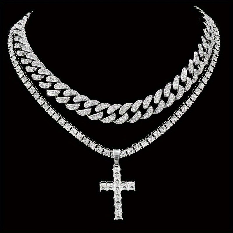 2 Shiny Pendants With Ice Cuban Chain Miami Necklace Men And Women Hip-hop Pendant Necklace Jewelry Gift